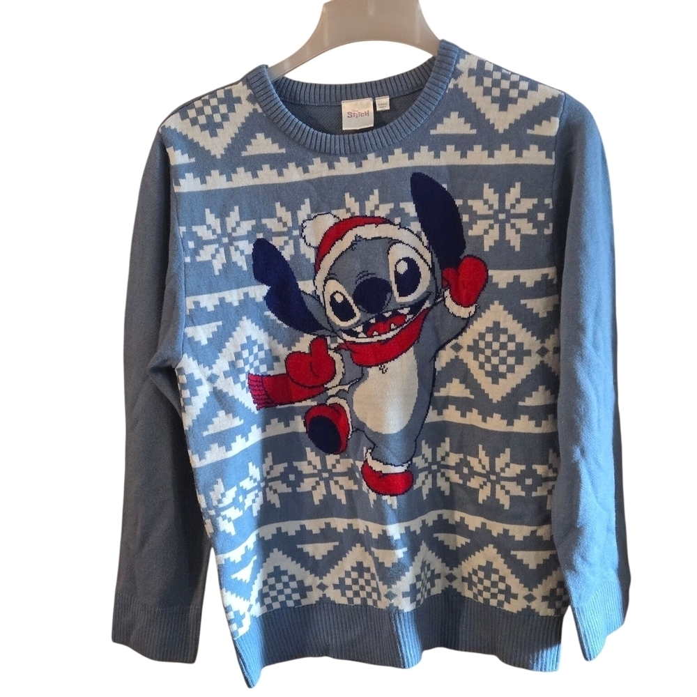 Disney Lilo & Stitch Festive Blue n White Crewneck Sweater Cozy Junior Girls XL - Picture 1 of 13